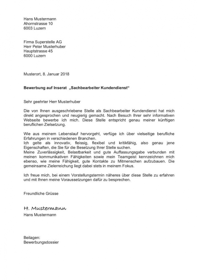 Porbe von  Bewerbungsschreiben (Anschreiben) Vorlage Schweiz  Mustervorlagech Bewerbungsschreiben Vorlage Kv Schweiz