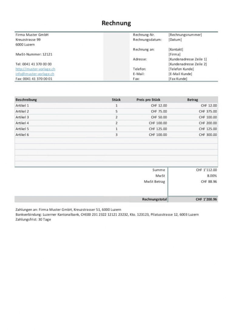 Bearbeitbar von Rechnungsvorlage Schweiz Word & Excel Gratis Downloaden Werkstatt Rechnung