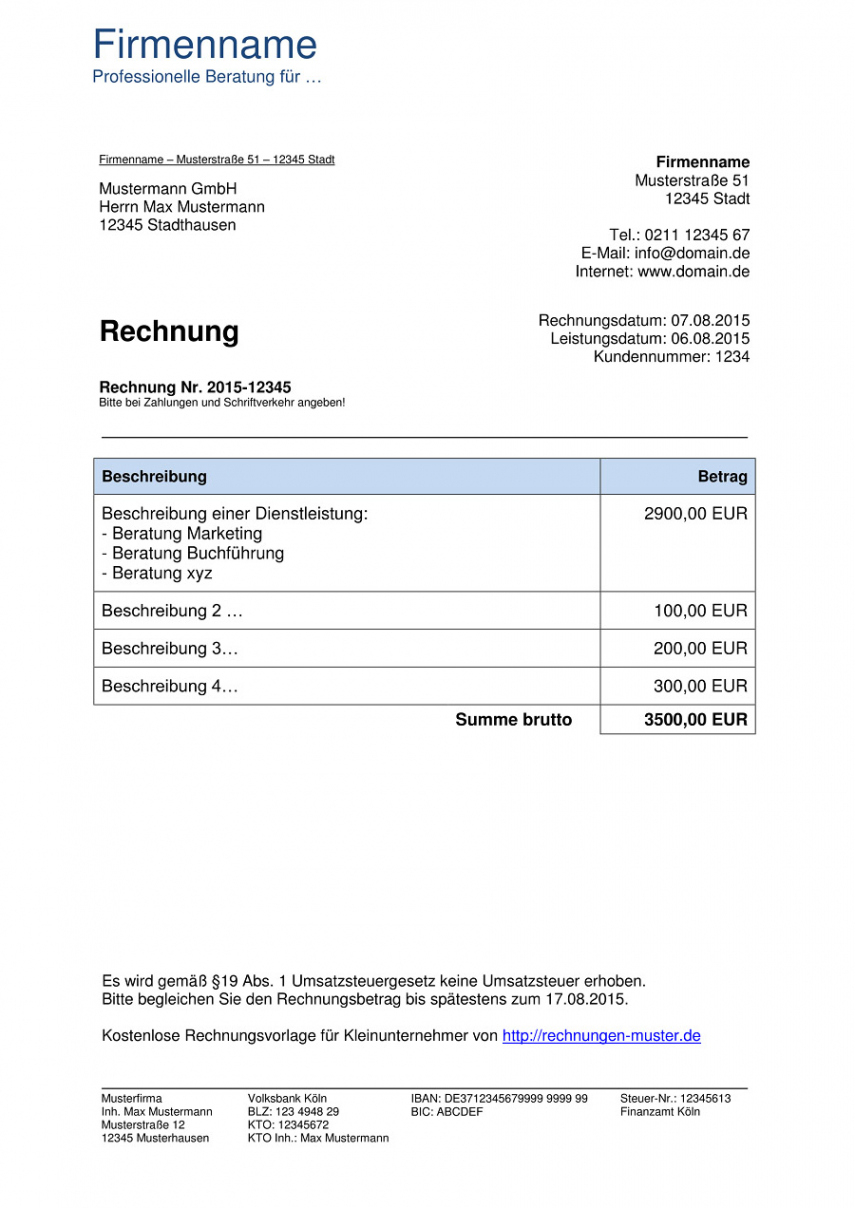 das sample von kleinunternehmer rechnung  rechnungsvorlagen für rechnungsvorlage kleinunternehmer österreich word