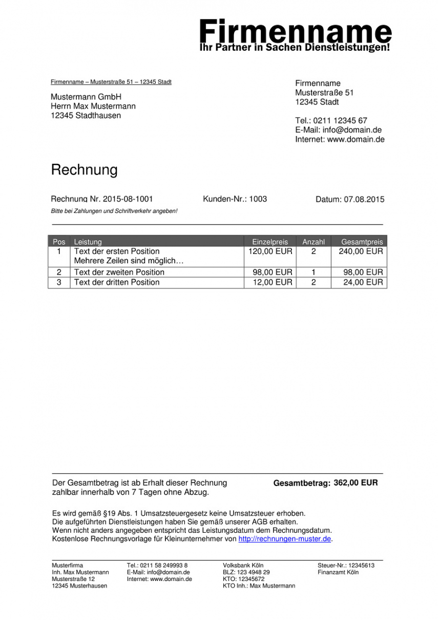 das sample von kleinunternehmer rechnung  rechnungsvorlagen für rechnungsvorlage kleinunternehmer österreich
