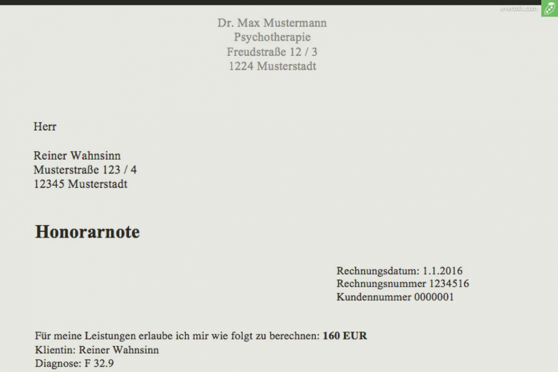Eine Probe von Musterrechnung Psychotherapeut Kostenlose Honorarnoten ...