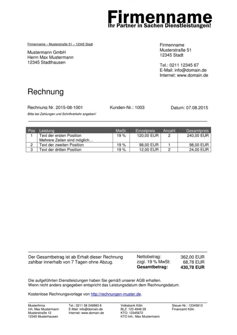 Druckbar von Rechnungsvorlagen Kostenlos Rechnungsvorlage Für Jeden